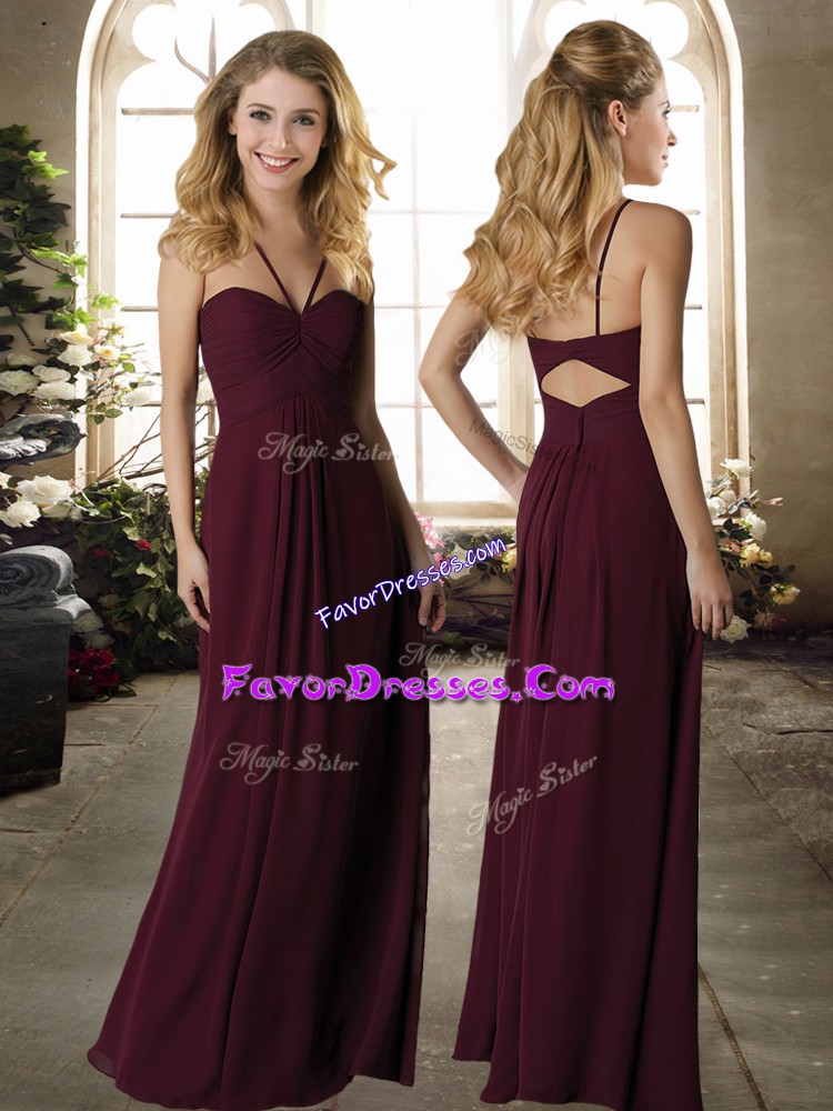Beauteous Burgundy Sleeveless Floor Length Ruching Backless Wedding Guest Dresses