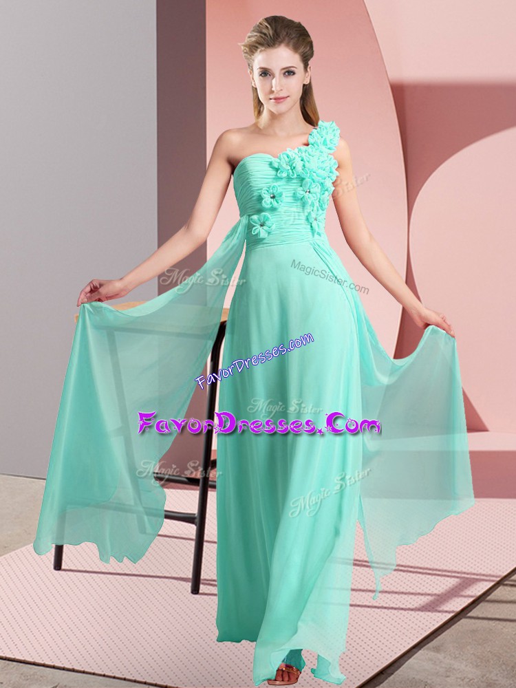 Graceful One Shoulder Sleeveless Bridesmaid Dress Floor Length Hand Made Flower Apple Green Chiffon