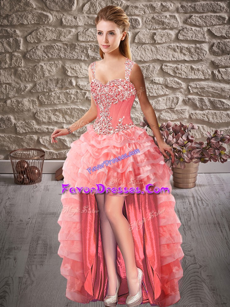 Noble Watermelon Red Prom Dresses Prom and Party with Beading and Ruffled Layers Straps Sleeveless Lace Up