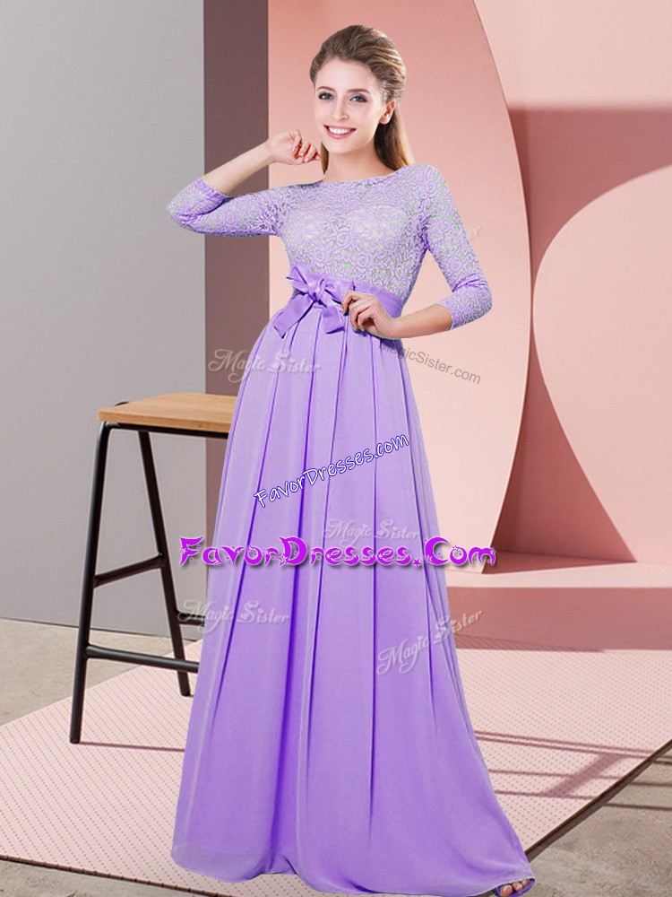 Flirting Empire Bridesmaid Dresses Lavender Scoop Chiffon 3 4 Length Sleeve Floor Length Side Zipper