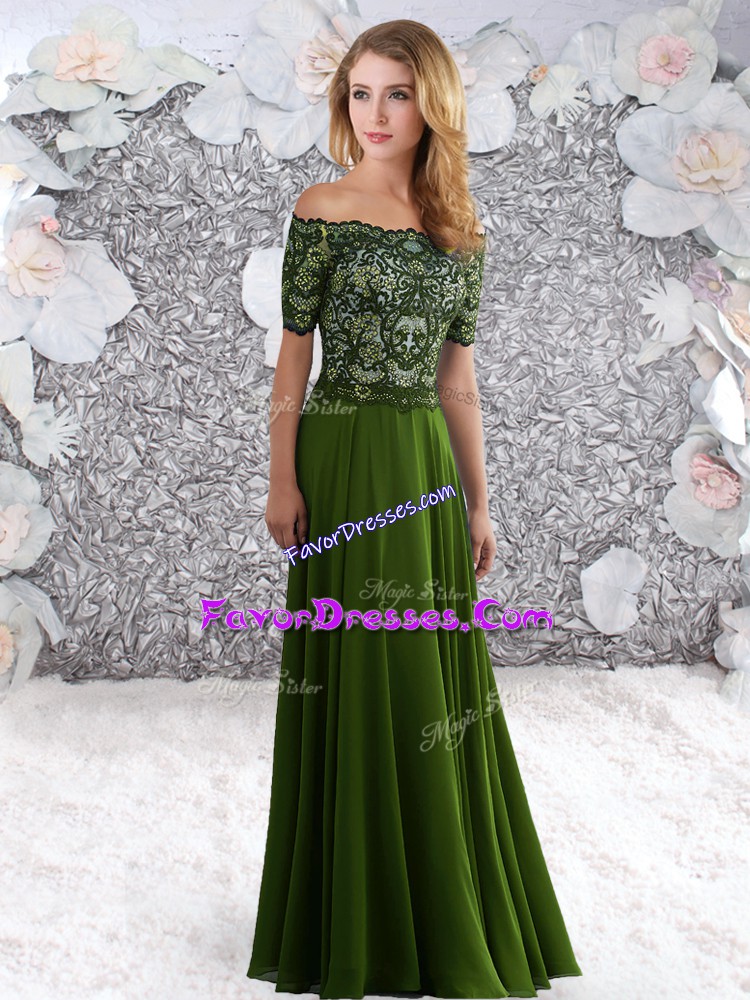 Spectacular Green Off The Shoulder Neckline Beading and Lace Dress for Prom Short Sleeves Zipper