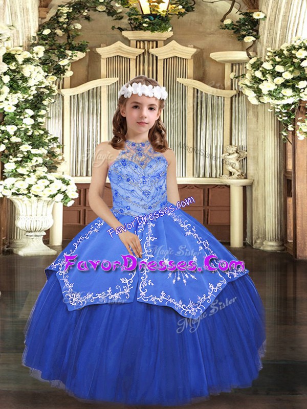  Beading and Appliques Pageant Gowns For Girls Royal Blue Lace Up Sleeveless Floor Length