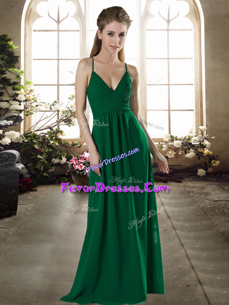 Dark Green Empire Spaghetti Straps Sleeveless Chiffon Floor Length Criss Cross Ruching Wedding Party Dress