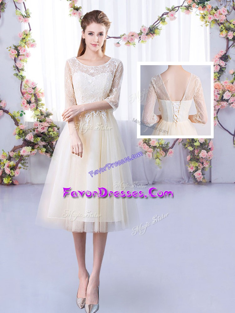 Pretty Champagne Empire Tulle Scoop Half Sleeves Lace Tea Length Lace Up Bridesmaids Dress