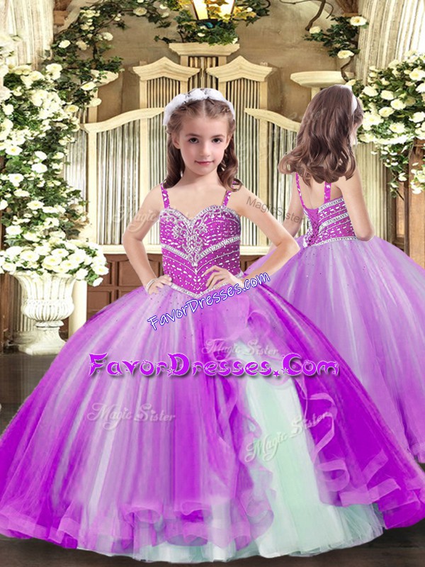  Purple Tulle Lace Up Little Girls Pageant Dress Wholesale Sleeveless Floor Length Beading