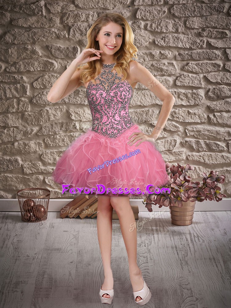 Beauteous Beading and Ruffles Prom Party Dress Rose Pink Lace Up Sleeveless Mini Length