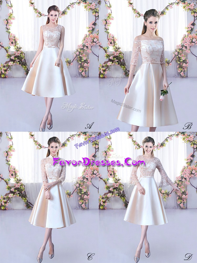 Noble Champagne A-line Lace and Belt Dama Dress for Quinceanera Lace Up Satin Sleeveless Tea Length