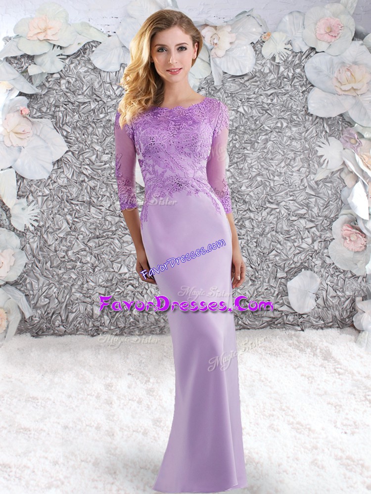  Lavender Elastic Woven Satin Zipper Scoop 3 4 Length Sleeve Prom Party Dress Sweep Train Beading and Lace