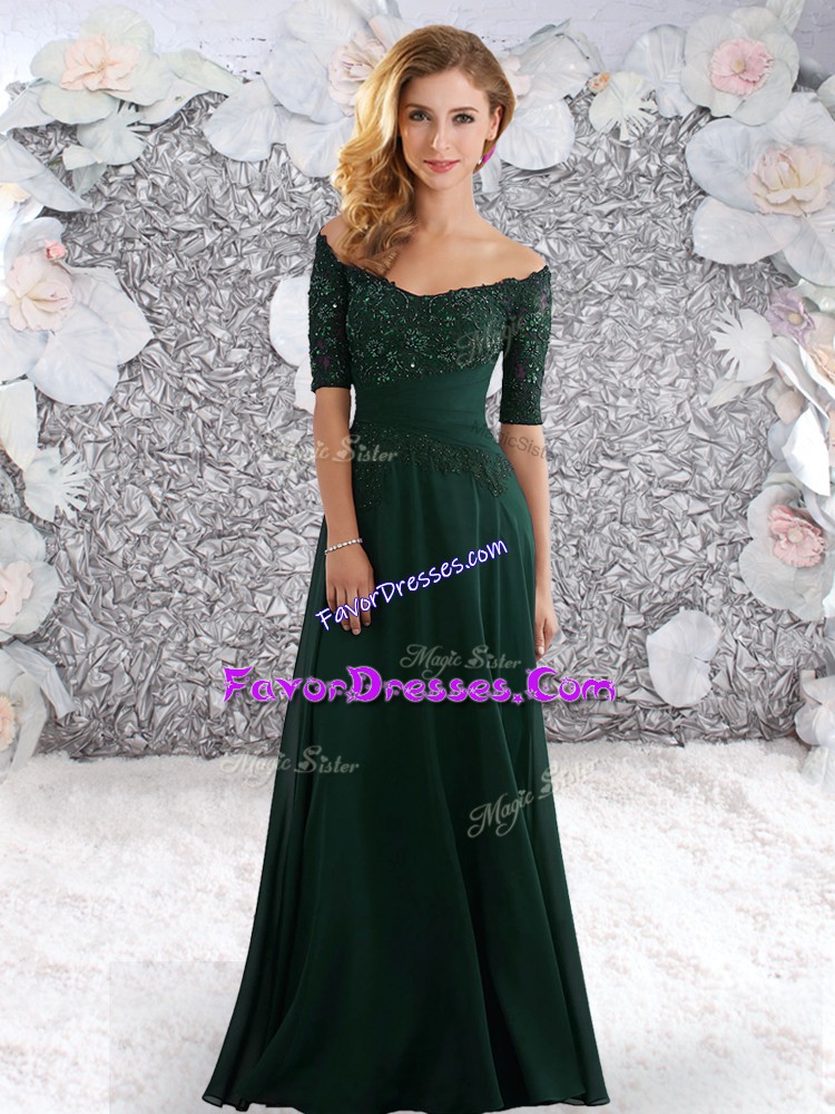 Lovely Peacock Green Off The Shoulder Neckline Beading and Lace Half Sleeves Zipper