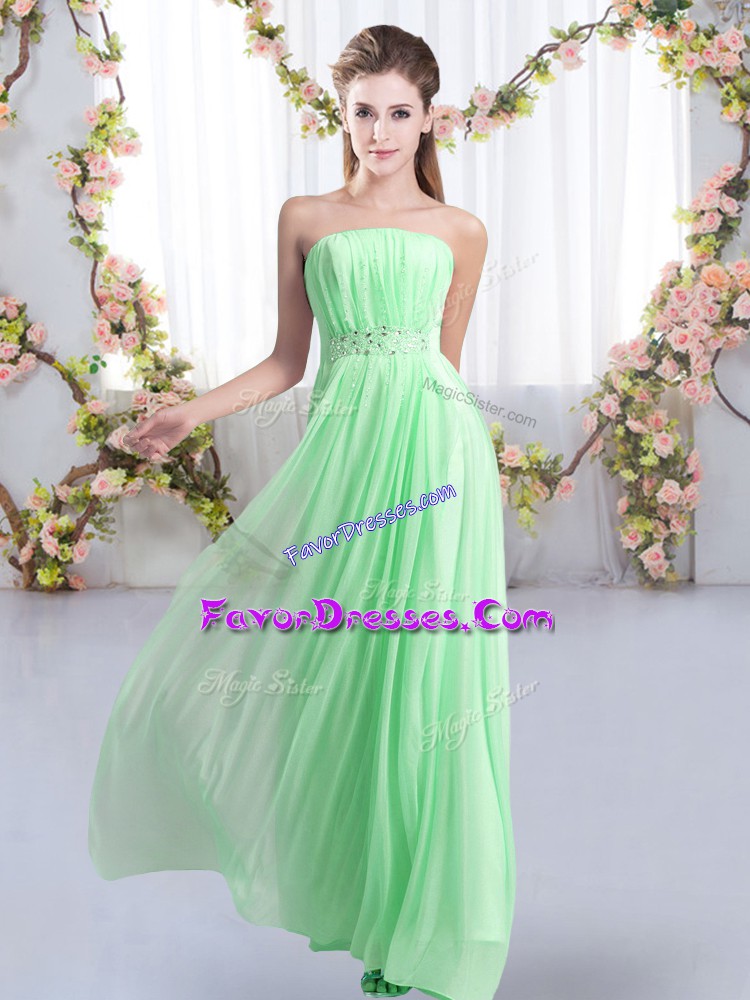  Apple Green Chiffon Lace Up Strapless Sleeveless Bridesmaid Dress Sweep Train Beading