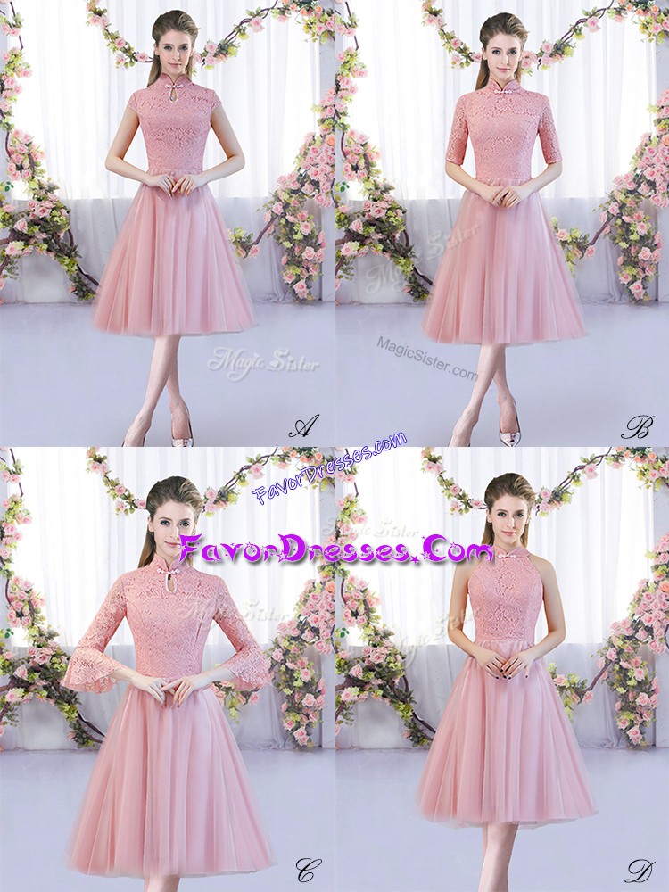  Pink Cap Sleeves Lace Tea Length Dama Dress