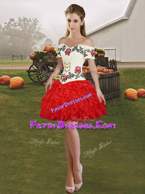 Ideal Off The Shoulder Sleeveless Organza Homecoming Dress Embroidery and Ruffles Lace Up