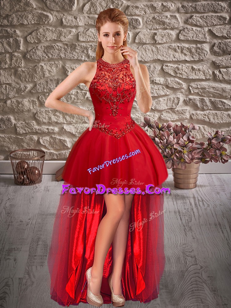 Exquisite Scoop Sleeveless Prom Party Dress High Low Beading Red Tulle