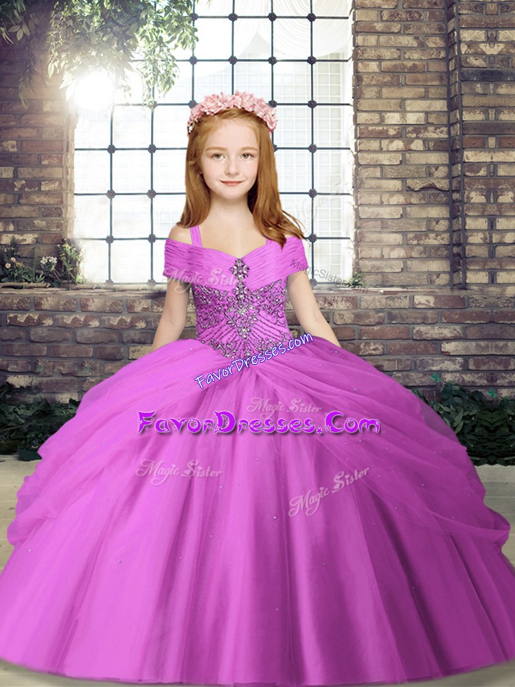  Lilac Tulle Lace Up Straps Sleeveless Floor Length Little Girl Pageant Dress Beading