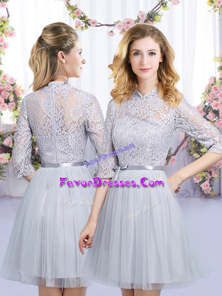Dramatic Grey Half Sleeves Tulle Zipper Wedding Party Dress for Wedding Party