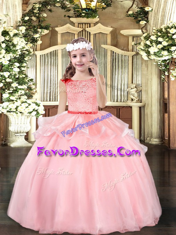  Baby Pink Ball Gowns Scoop Sleeveless Organza Floor Length Zipper Beading Winning Pageant Gowns