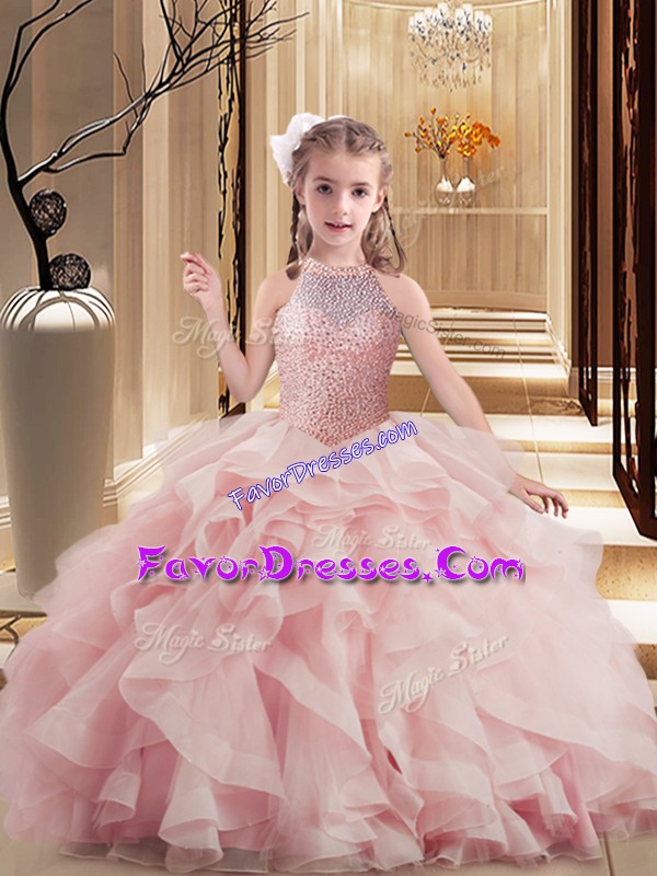  Pink Girls Pageant Dresses Party and Sweet 16 and Wedding Party with Beading and Ruffles Scoop Sleeveless Lace Up