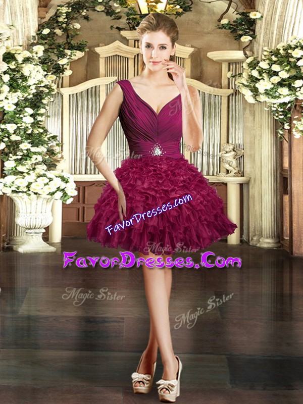 Beauteous Sleeveless Organza Mini Length Backless Prom Dresses in Burgundy with Ruffles