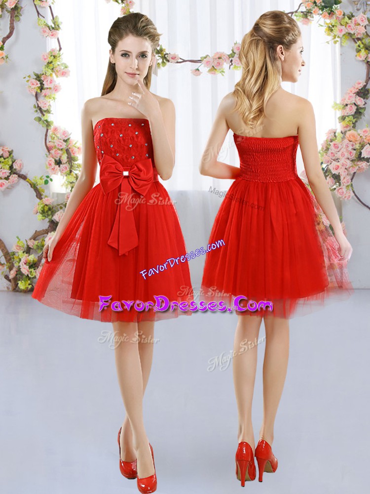 Romantic Mini Length Side Zipper Court Dresses for Sweet 16 Red for Wedding Party with Beading and Bowknot