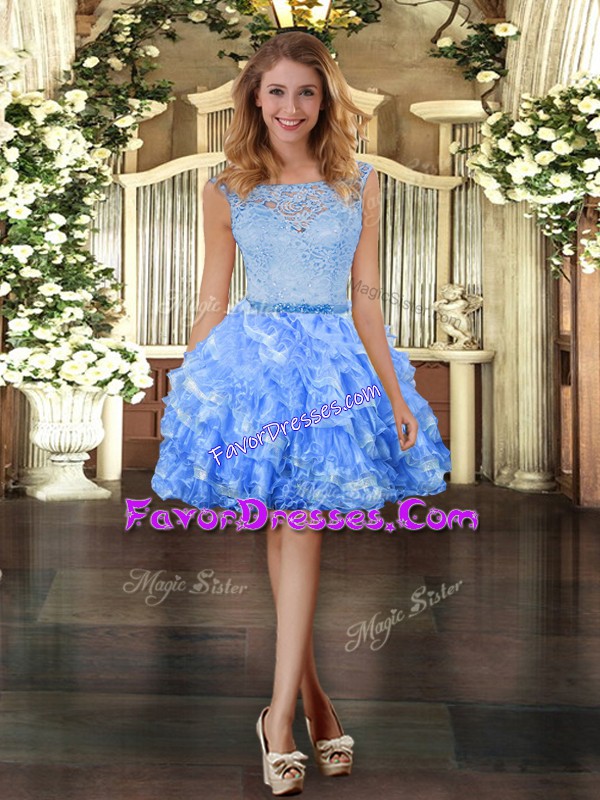  Sleeveless Mini Length Lace and Ruffled Layers Zipper with Blue