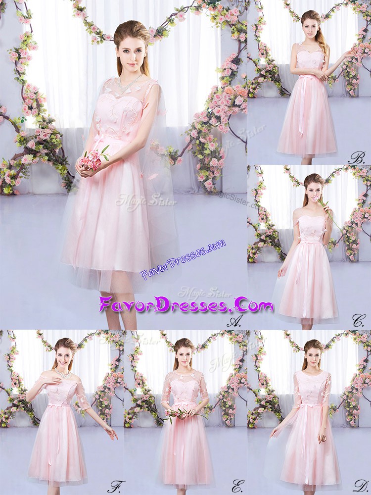  Empire Dama Dress for Quinceanera Baby Pink V-neck Tulle Sleeveless Tea Length Lace Up
