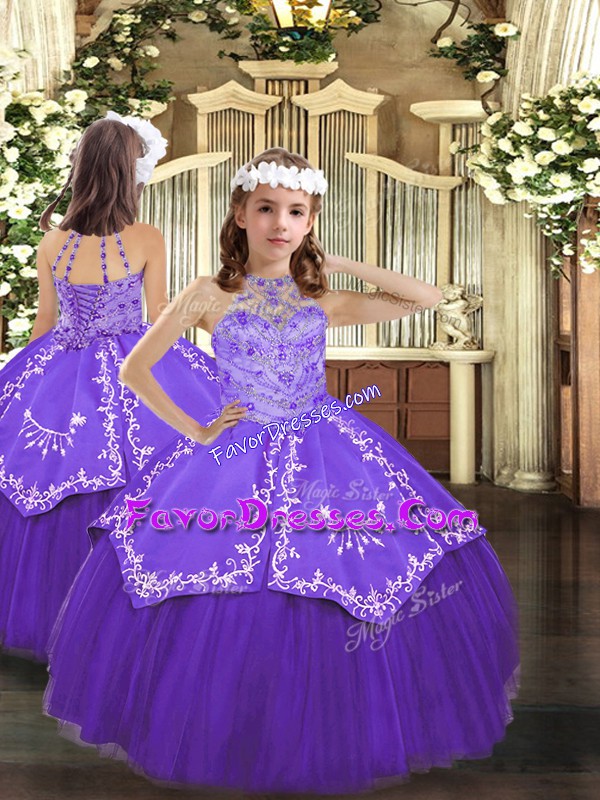 Elegant Sleeveless Lace Up Floor Length Beading and Embroidery Kids Formal Wear
