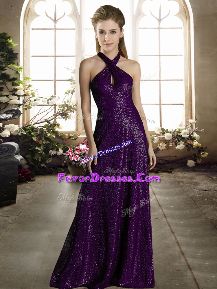  Empire Wedding Party Dress Dark Purple Halter Top Sequined Sleeveless Floor Length Zipper