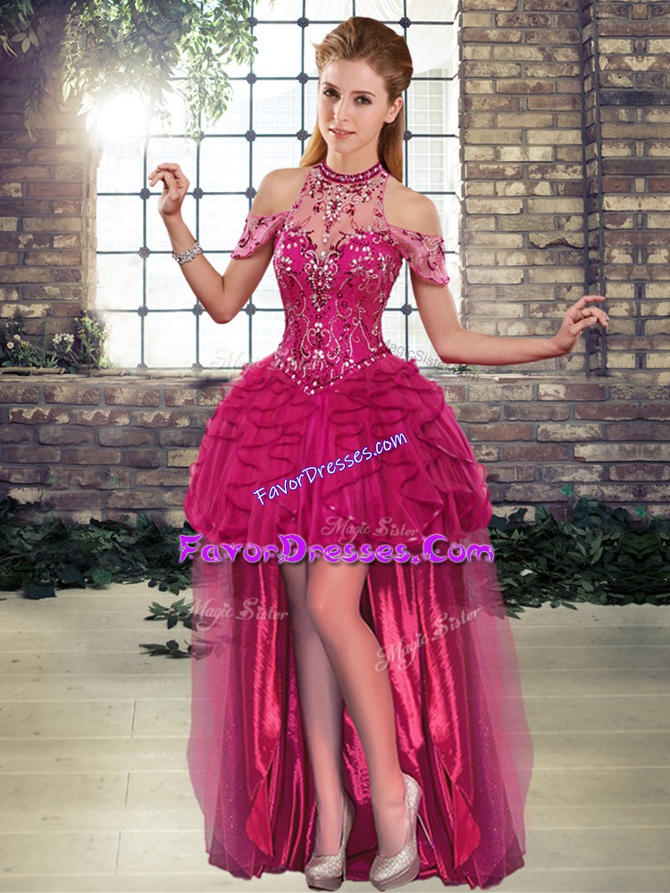 Most Popular Sleeveless High Low Beading and Ruffles Lace Up Homecoming Dress with Fuchsia