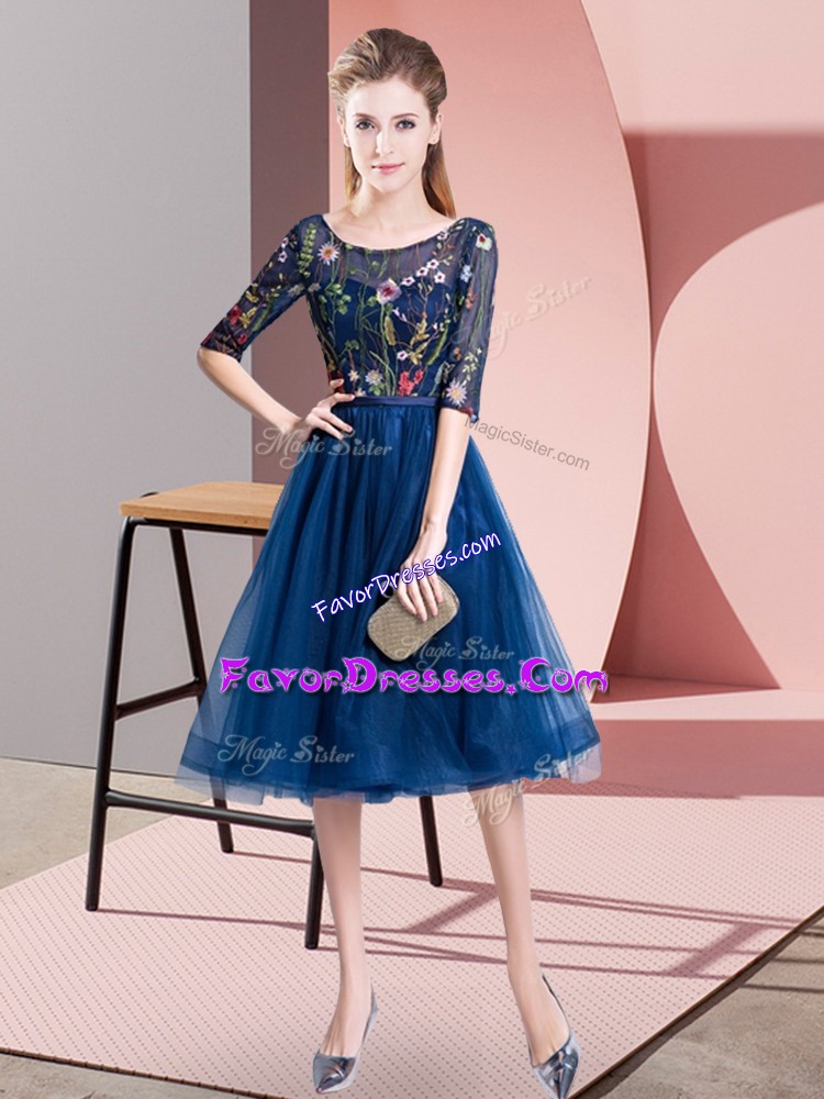 Romantic Navy Blue Bridesmaids Dress Wedding Party with Embroidery Scoop Half Sleeves Lace Up