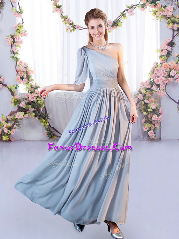 Smart Floor Length Grey Wedding Party Dress One Shoulder Sleeveless Lace Up