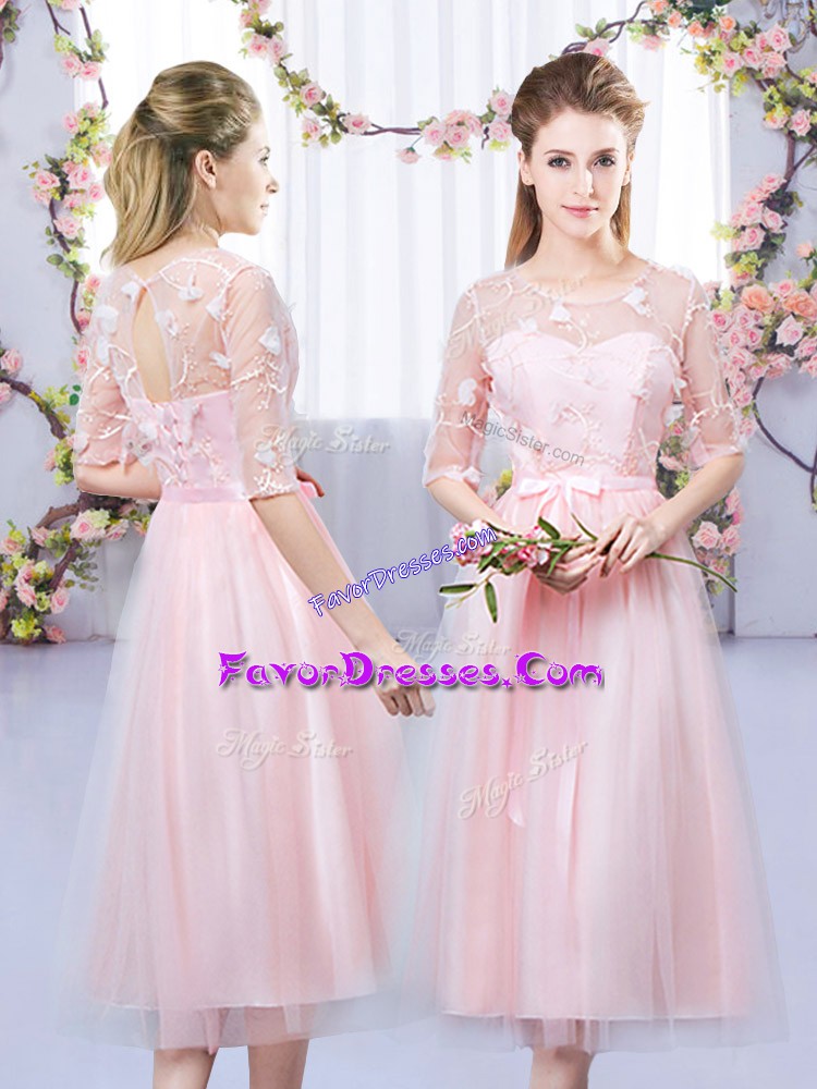  Baby Pink Empire Scoop Half Sleeves Tulle Tea Length Lace Up Lace and Belt Bridesmaids Dress