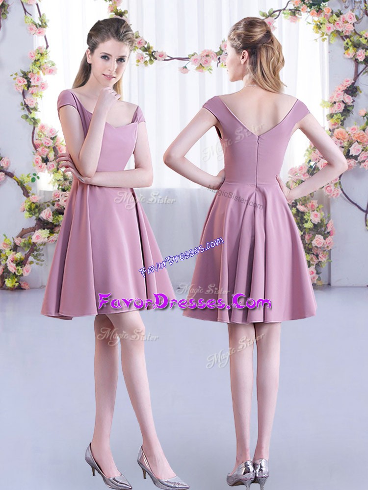 Classical Pink A-line Straps Cap Sleeves Chiffon Mini Length Zipper Ruching Dama Dress for Quinceanera