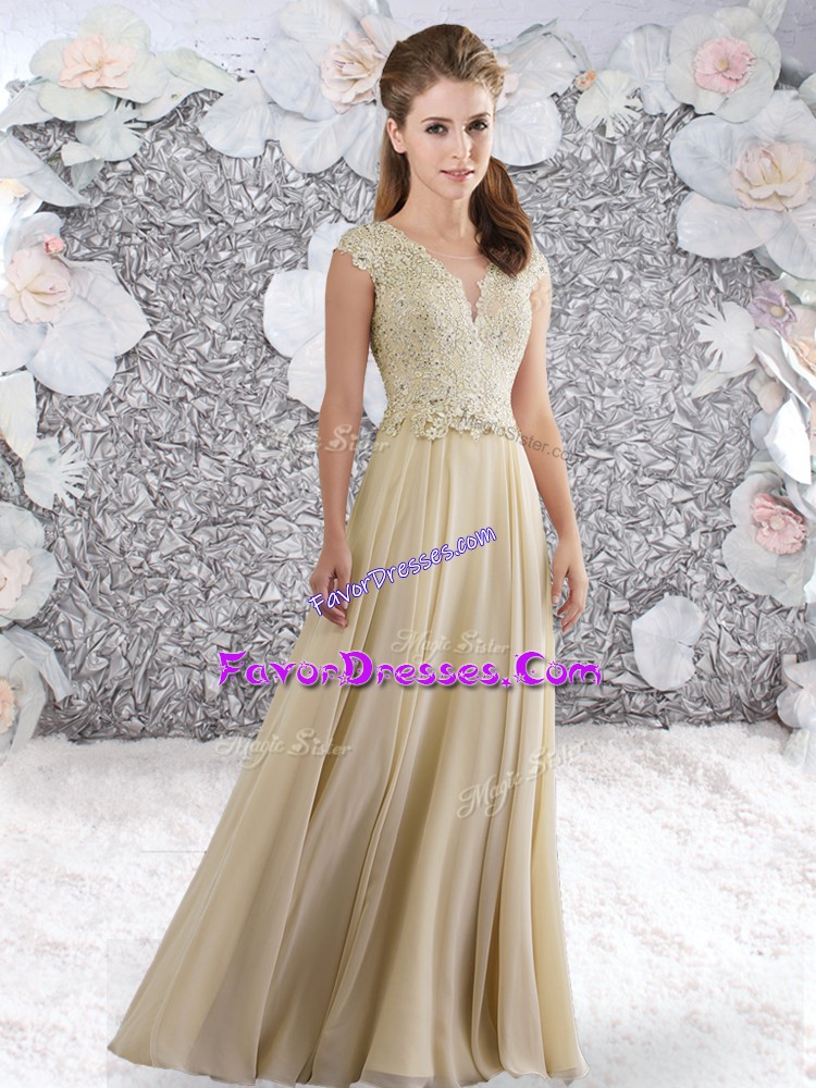 Pretty Beading and Lace Prom Gown Champagne Zipper Sleeveless Floor Length