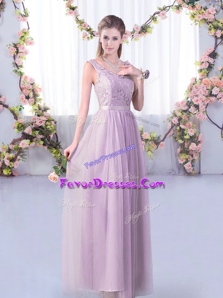  Floor Length Lavender Bridesmaid Dresses V-neck Sleeveless Side Zipper