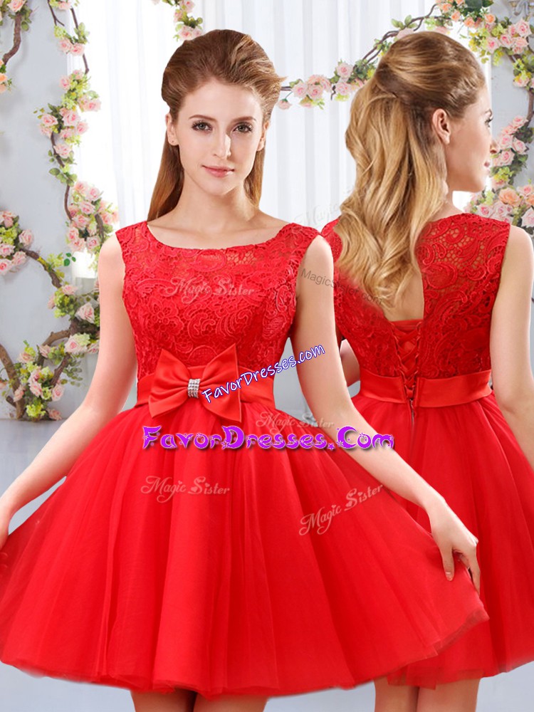  Scoop Sleeveless Tulle Quinceanera Court of Honor Dress Lace and Bowknot Lace Up