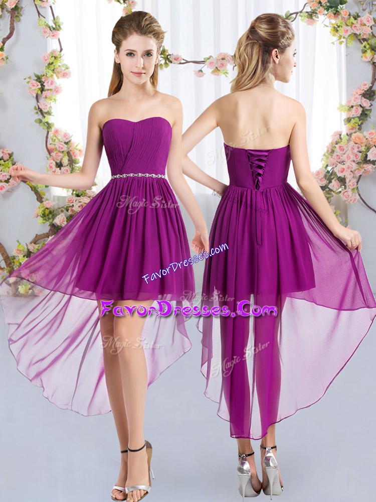 Gorgeous Beading Bridesmaid Dress Purple Lace Up Sleeveless High Low