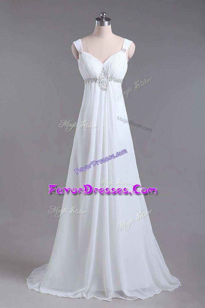 Low Price White Lace Up Straps Beading Wedding Gown Chiffon Sleeveless Brush Train