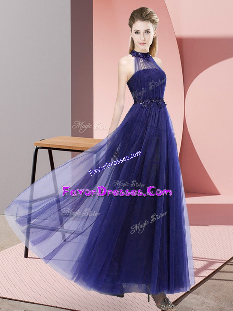  Floor Length Empire Sleeveless Purple Bridesmaids Dress Lace Up