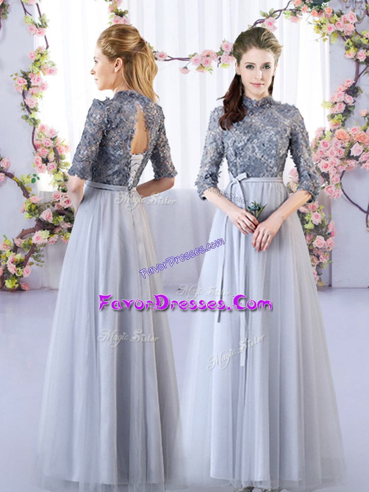 Exceptional Grey Wedding Guest Dresses Wedding Party with Appliques High-neck Half Sleeves Lace Up