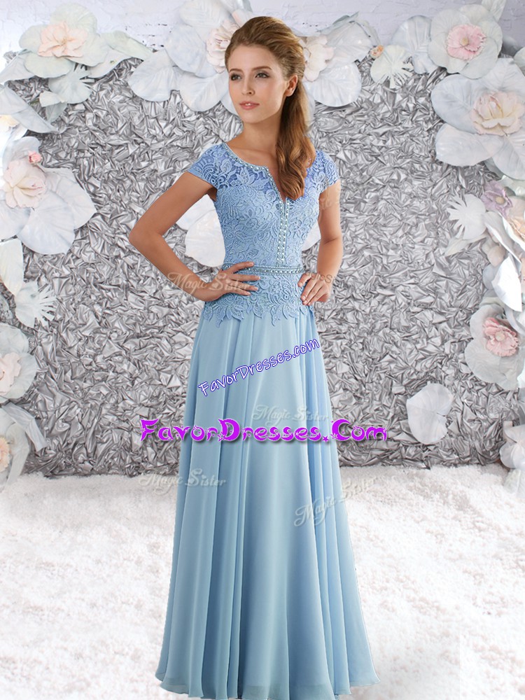  Short Sleeves Floor Length Beading and Lace Zipper Prom Evening Gown with Light Blue