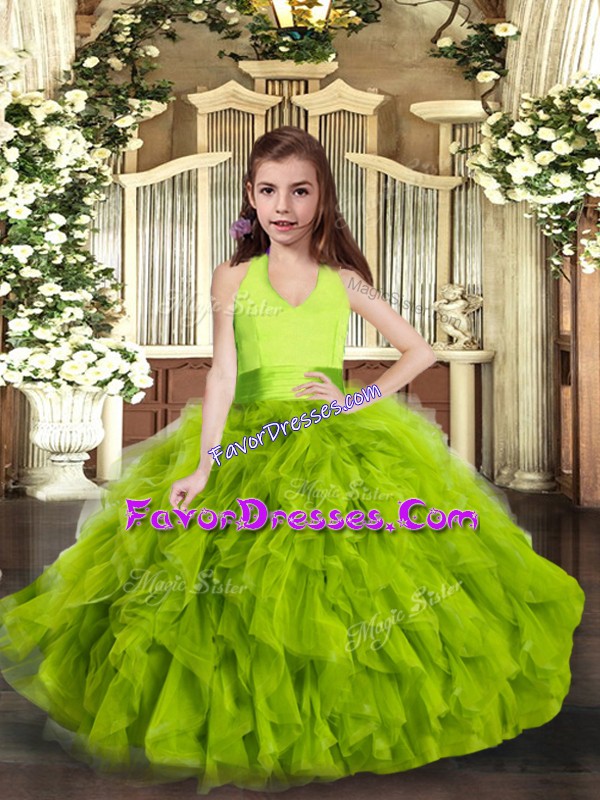  Halter Top Sleeveless Tulle Pageant Gowns For Girls Ruffles Lace Up