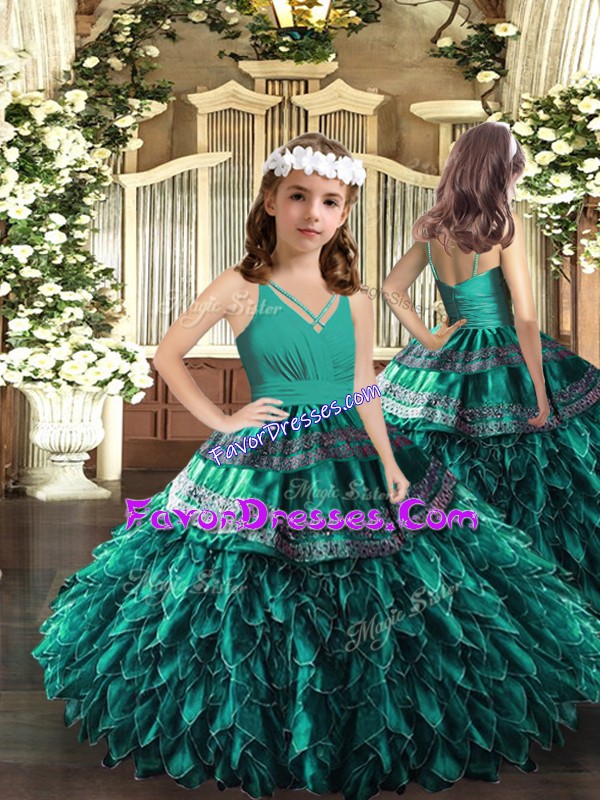 Low Price Organza V-neck Sleeveless Zipper Appliques and Ruffles Little Girls Pageant Dress Wholesale in Turquoise