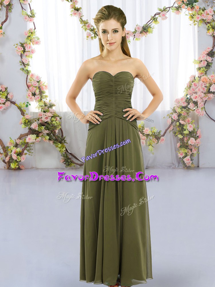 Lovely Sleeveless Chiffon Floor Length Lace Up Bridesmaid Dress in Olive Green with Ruching