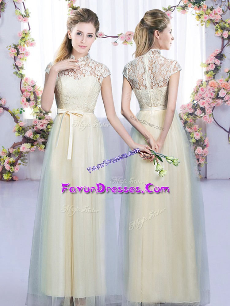 Custom Made Champagne Empire Lace and Bowknot Wedding Party Dress Zipper Tulle Cap Sleeves Floor Length