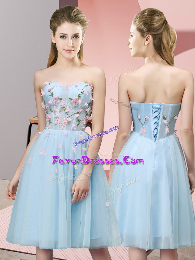 High End Light Blue Lace Up Dama Dress for Quinceanera Appliques Sleeveless Knee Length