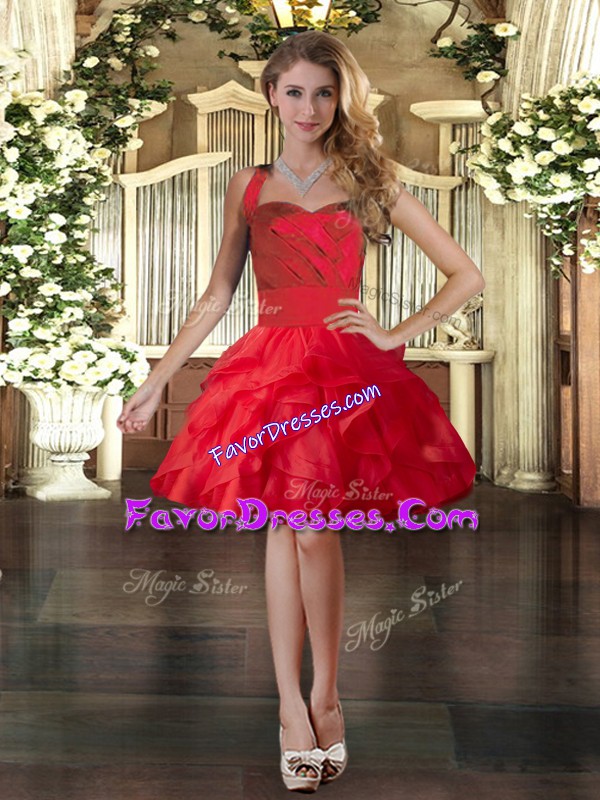  Red Homecoming Dress Prom and Party with Ruffles Halter Top Sleeveless Lace Up