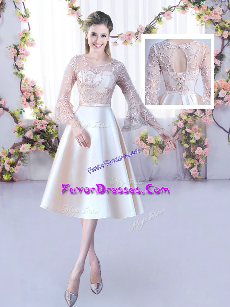  Scoop 3 4 Length Sleeve Lace Up Wedding Party Dress Champagne Satin