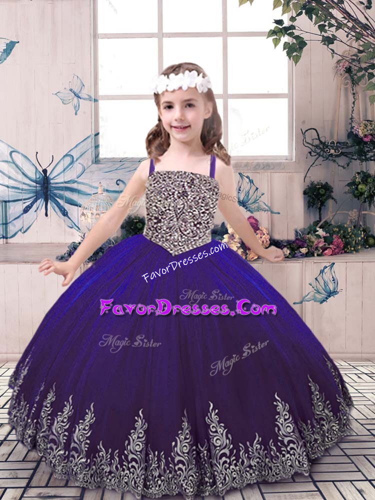 Enchanting Purple Lace Up Straps Beading and Embroidery Little Girl Pageant Dress Tulle Sleeveless