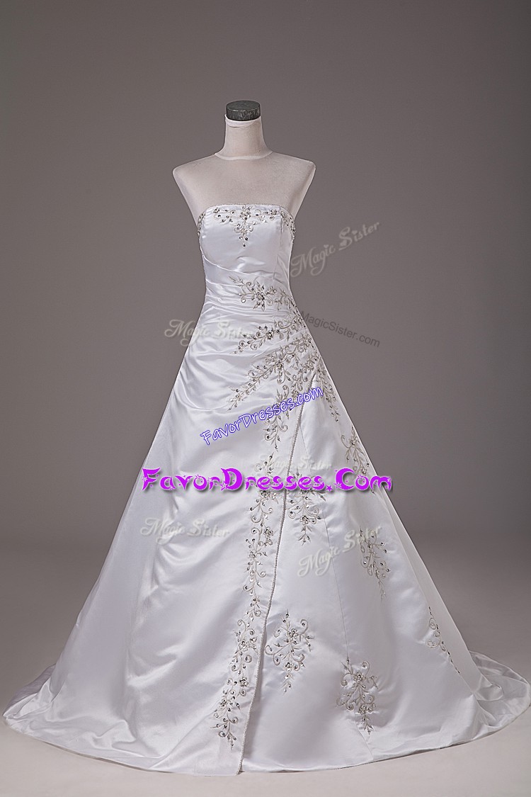 Perfect White Strapless Lace Up Beading Wedding Gown Brush Train Sleeveless