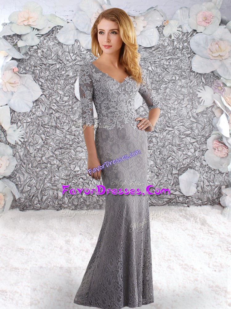 Dynamic V-neck Half Sleeves Lace Prom Dress Lace Sweep Train Zipper